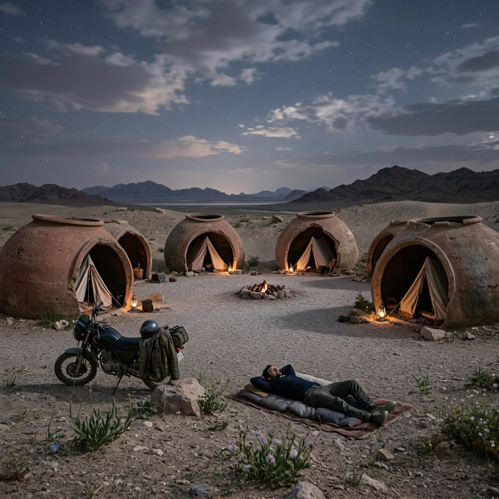 A desert campsite is seen from a wide view at night. A person lies on a mat near a motorcycle, while tents sit inside large clay jars around a small fire.