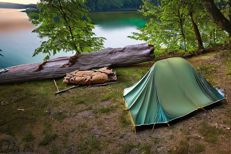 A green camo tent rests beside a warm campfire in a dirt clearing at Plitvice Lakes National Park. Stormy sunset clouds fill the sky, while clothes sway on a line and a wooden guitar lies near the stones.