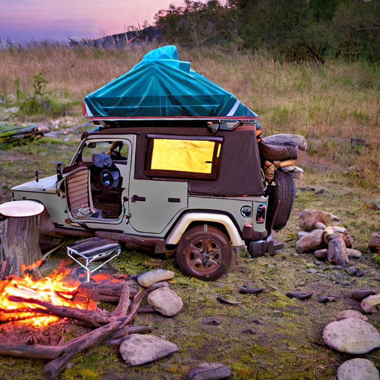 A brown Jeep with an open rooftop tent rests on a quiet dirt campsite near a warm hot spring. A small campfire glows among ringed stones as clouds gather above the sunset. Green bushes with berries and fallen leaves add a wild, cozy touch.