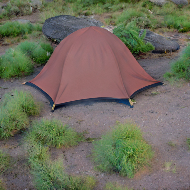 A black tent rests beside a glowing campfire in a quiet petrified forest. Ferns, fallen leaves, and boulders surround the dirt campsite, while thick bushes create a cozy shelter under the cloudy night sky.