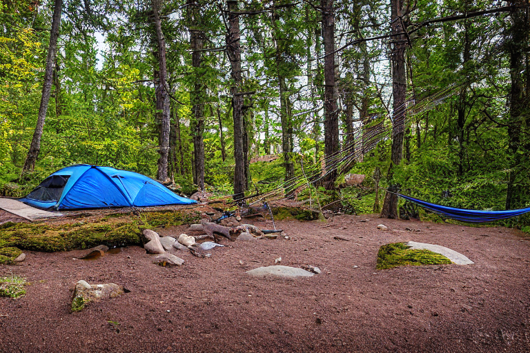 A blue and gray tent rests on a snowy dirt clearing beside a gentle stream. A hammock hangs between the trees, while large boulders add a rugged touch. The soft sunset light creates a peaceful feeling in this North Shore campsite.