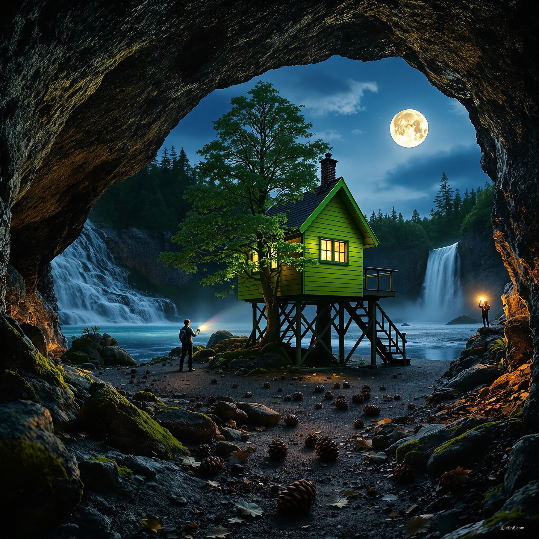 This cozy green cabin stands on stilts by a sparkling river, surrounded by waterfalls and tall trees. The campsite glows softly under a bright full moon, making everything feel calm and magical. It’s the perfect place for an adventure in nature!