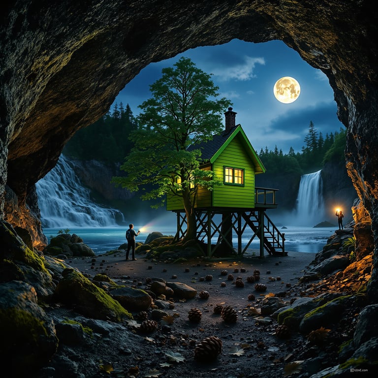 This cozy green cabin stands on stilts by a sparkling river, surrounded by waterfalls and tall trees. The campsite glows softly under a bright full moon, making everything feel calm and magical. It’s the perfect place for an adventure in nature!