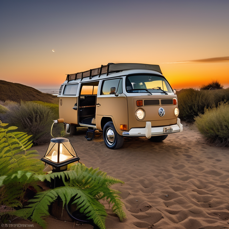 A tan camper van rests in a sunny dirt campsite along the California coast. Ferns line a nearby hiking path, while a small lantern glows on the ground. Golden light and clear skies create a warm, peaceful mood.