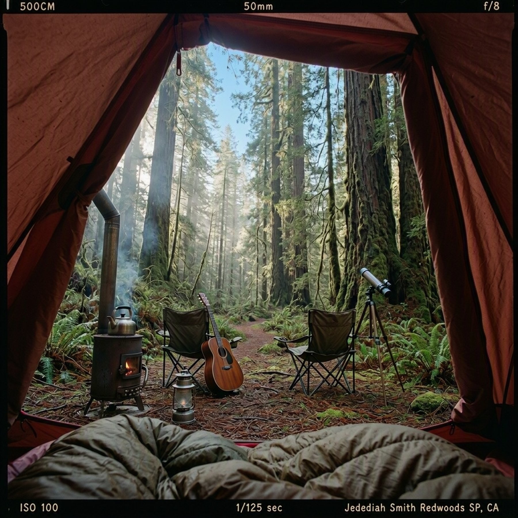 A rust-red tent rests in a quiet clearing beneath towering redwoods. Ferns and moss cover the damp forest floor, while two chairs, a lantern, and a guitar wait nearby. A telescope points toward the pale blue sky.