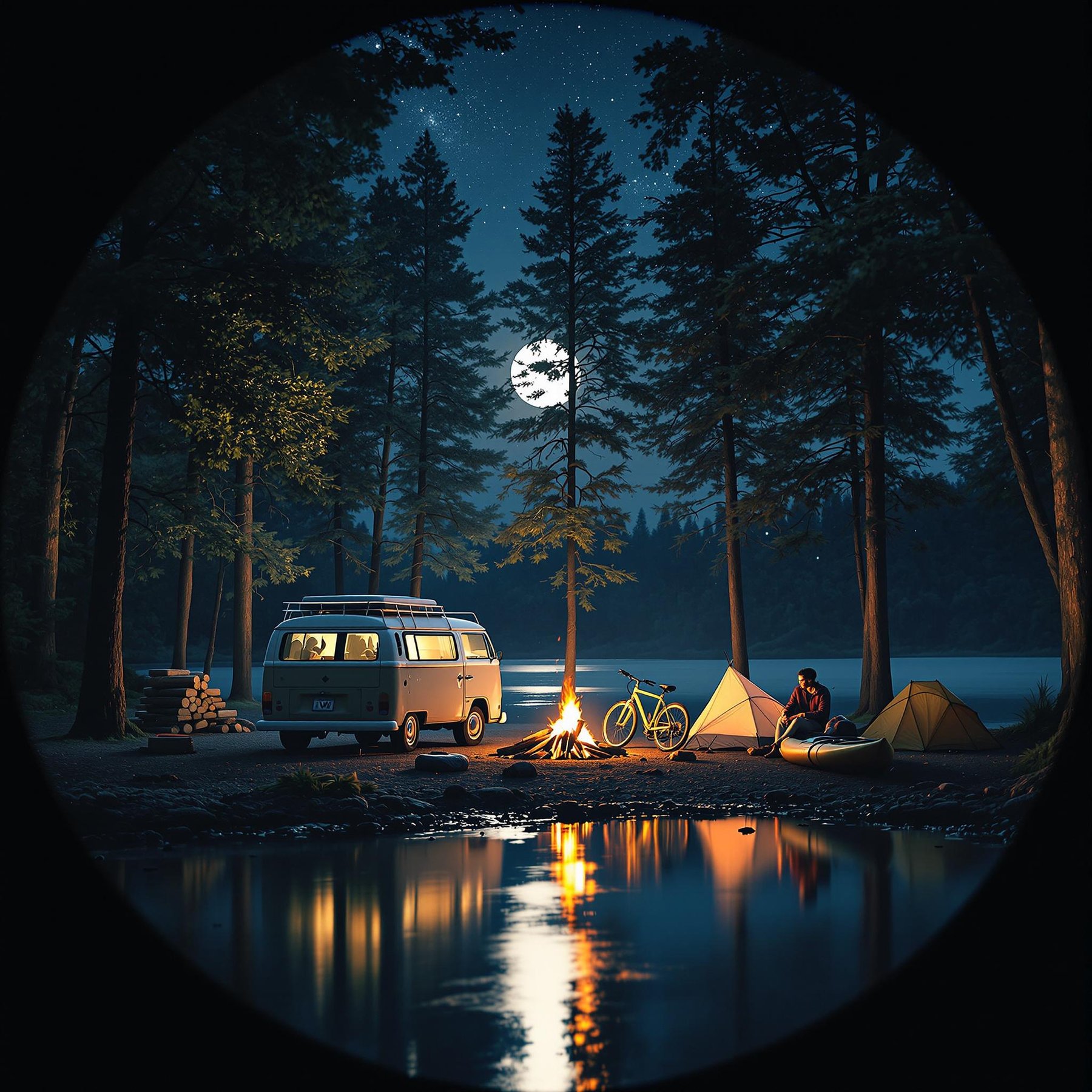 Under the starry night sky, a cozy campsite glows by a calm lake, surrounded by tall whispering pines. The warm campfire invites tales and marshmallows, while the moon reflects on the water. A camper van, bicycles, and cheerful tents complete this peaceful adventure.