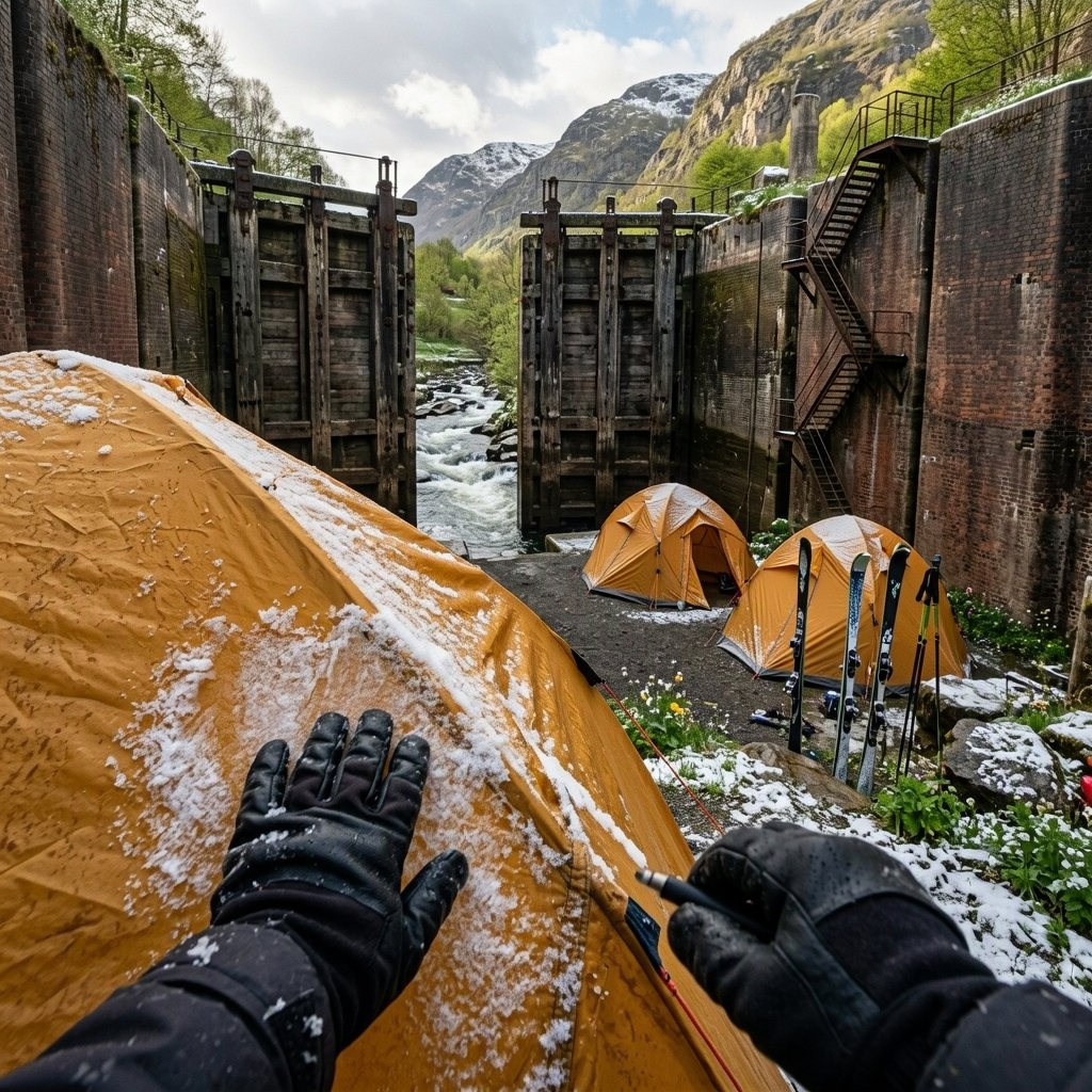 From over gloved hands, three ochre tents sit inside a brick lock. Snow dusts the nearest tent, while a fast stream runs between the wooden gates.
