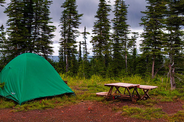 A green tent rests on a rocky campsite as the sun sets beneath stormy clouds. A picnic table and clothesline add a cozy touch, while a deer stands quietly in the distant forest.