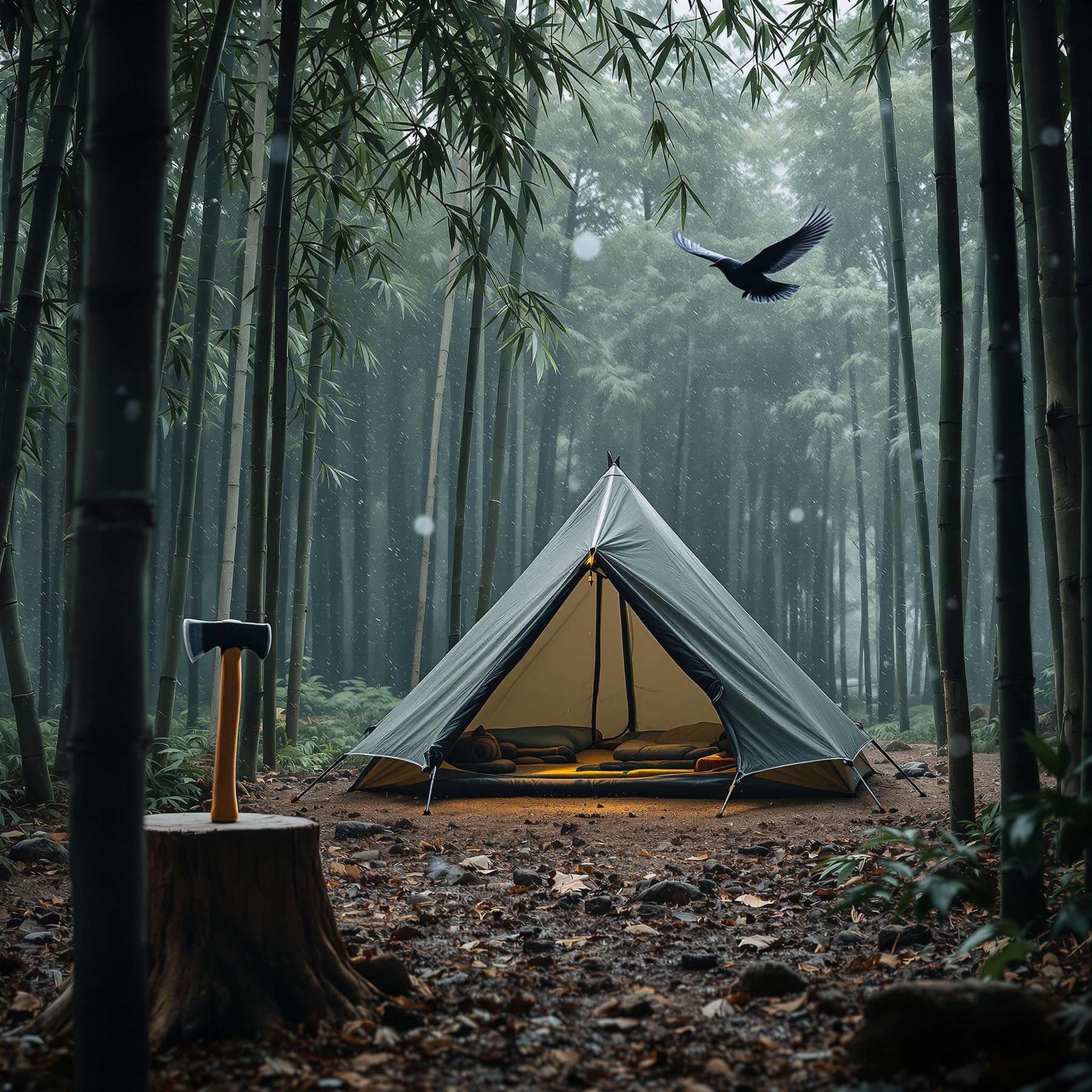 A cozy tent glows warmly in the heart of a misty bamboo forest, surrounded by tall, whispering trees. A curious bird soars overhead, adding a touch of magic to the peaceful setting. Nearby, an axe rests on a tree stump, hinting at adventures yet to come.