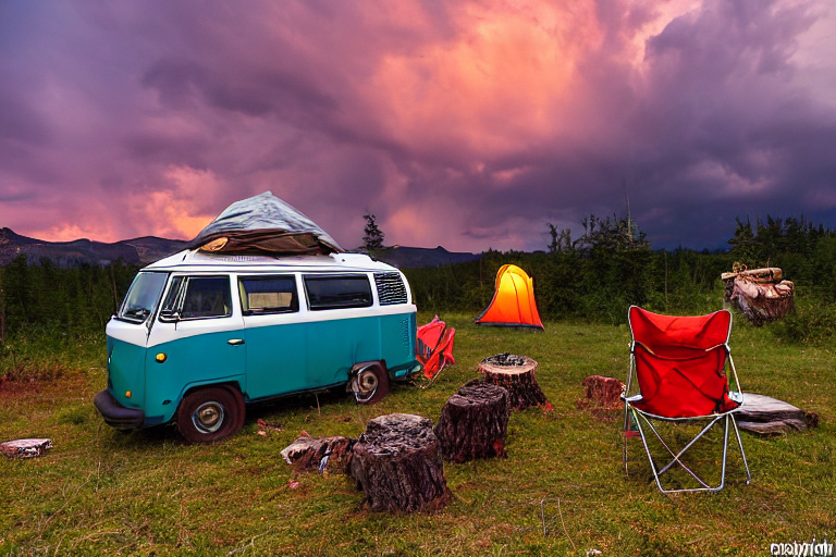 A colorful VW campervan rests in a rocky petrified forest beneath a stormy sunset. Camping chairs, a glowing lantern, and a crackling campfire sit on the dusty ground, with a mountain rising in the distance.