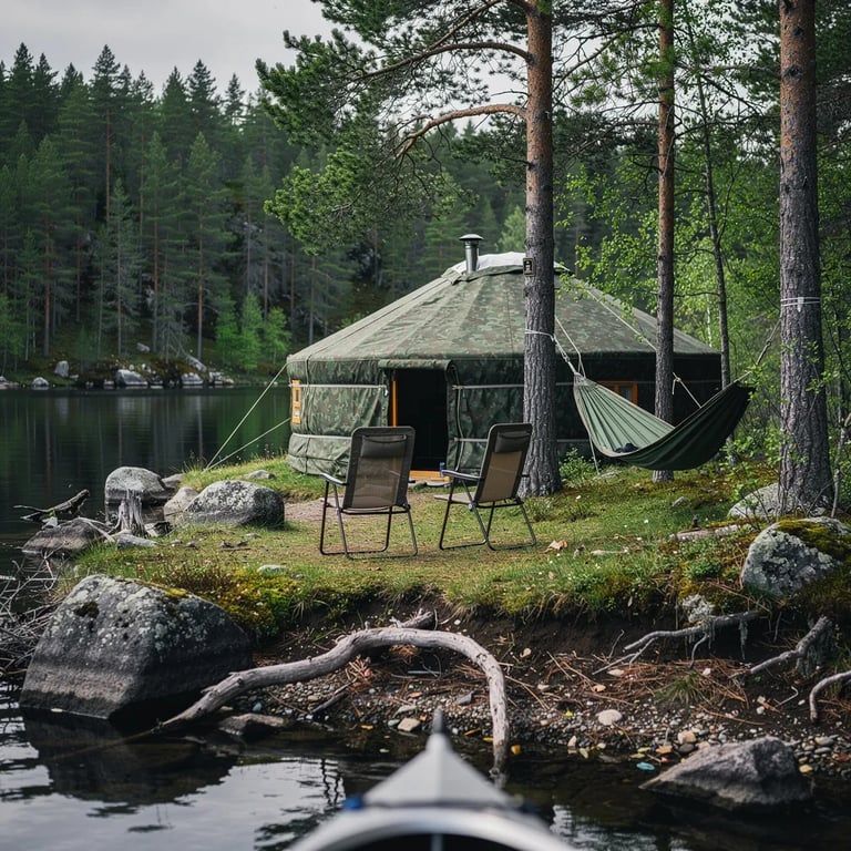 A quiet forest lake rests under soft, cloudy light, with tall pine trees and mossy ground all around. A green camo yurt sits in a small clearing, with two worn chairs pointed toward the calm water. A hammock hangs between trees, and driftwood and big gray rocks line the shore.