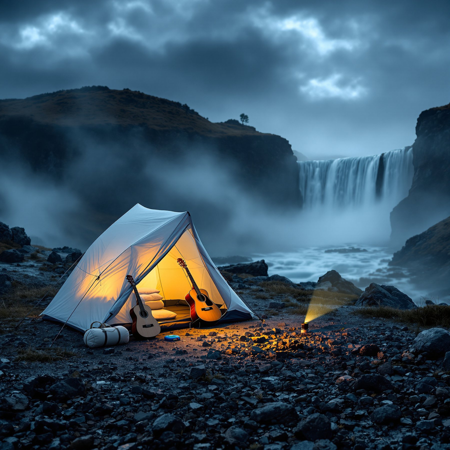 This cozy campsite sits by a roaring waterfall, with a glowing tent lighting up the misty night. Guitars are ready for songs around the campfire. Nature feels magical here, with rushing water and rocky ground all around.