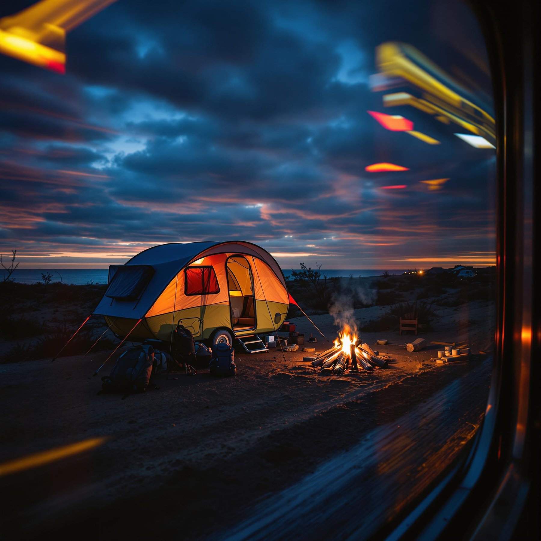 A colorful tent glows warmly under a vibrant sunset sky, as a crackling campfire flickers nearby. The beach in the distance whispers with gentle waves, creating a cozy and magical evening scene. Bright reflections dance around, adding to the adventure's excitement.