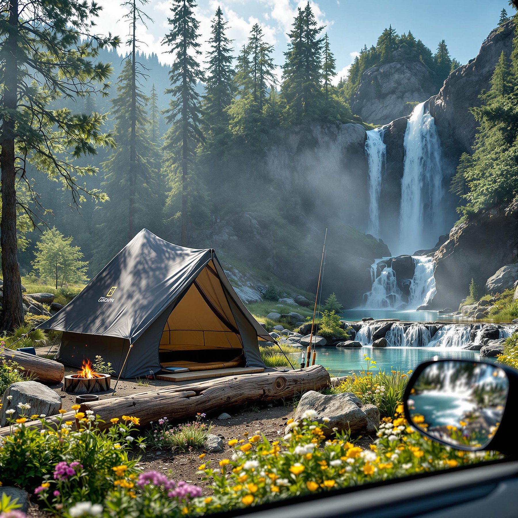 Nestled among tall pine trees, this cozy campsite rests beside a sparkling waterfall. Colorful wildflowers dance in the breeze as a gentle stream flows by. It's a perfect spot for adventure and relaxation in nature's embrace.