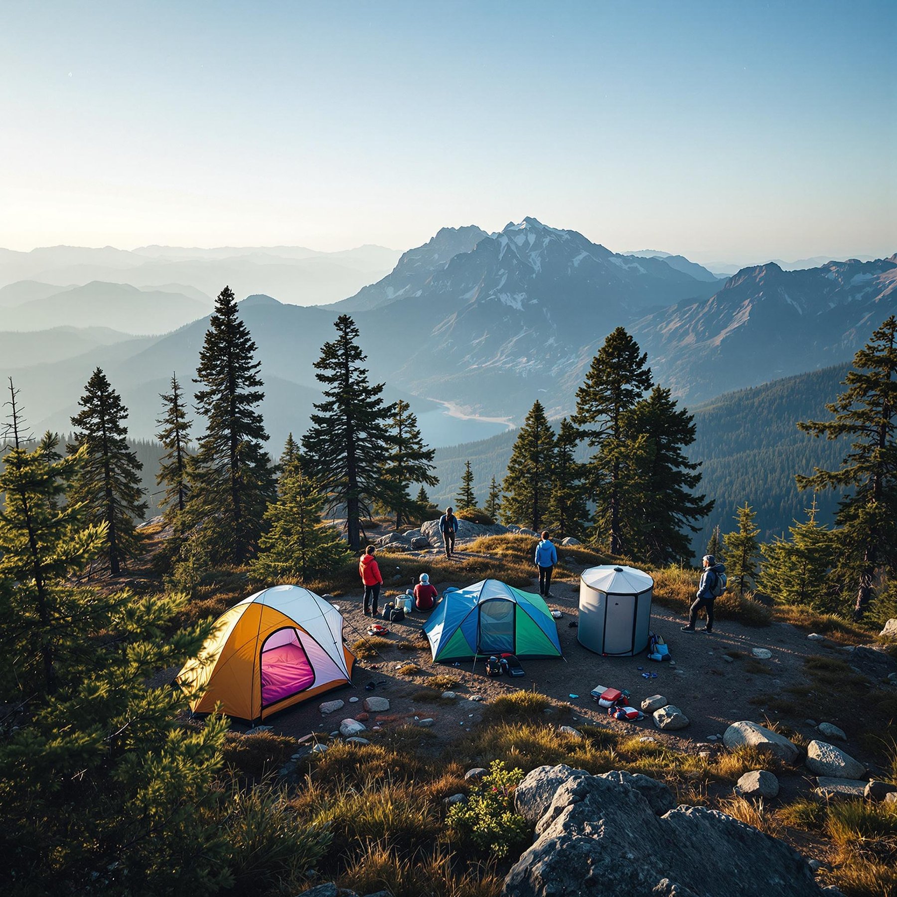 This campsite sits high on a mountain with colorful tents and tall pine trees all around. The air feels fresh and the view of the distant mountains is amazing. It’s the perfect place for an adventure in nature!