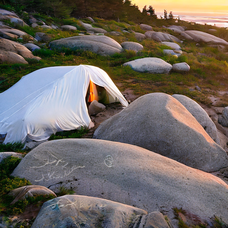 A white tent sits on a rough dirt patch by Maine’s rocky coast. A warm campfire glows as snow falls, while surfers and hikers explore the boulders nearby. Sunrise casts a soft light over the wild campsite.