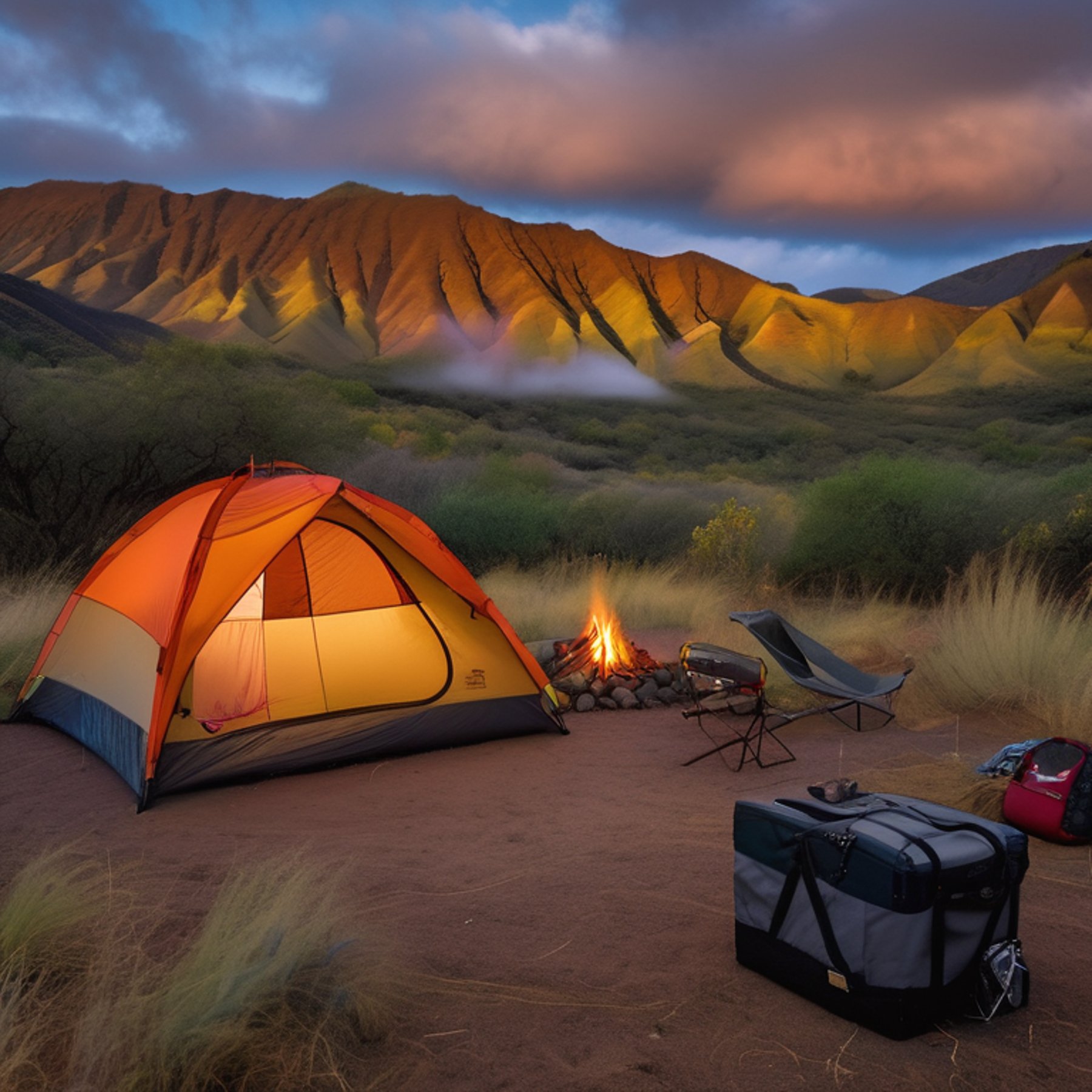 A colorful tent rests beside a warm campfire on a dirt clearing in Hawaii. Rolling hills, fall-colored trees, and large boulders fade into the soft evening fog. A box of camping gear sits nearby, adding to the cozy outdoor scene.