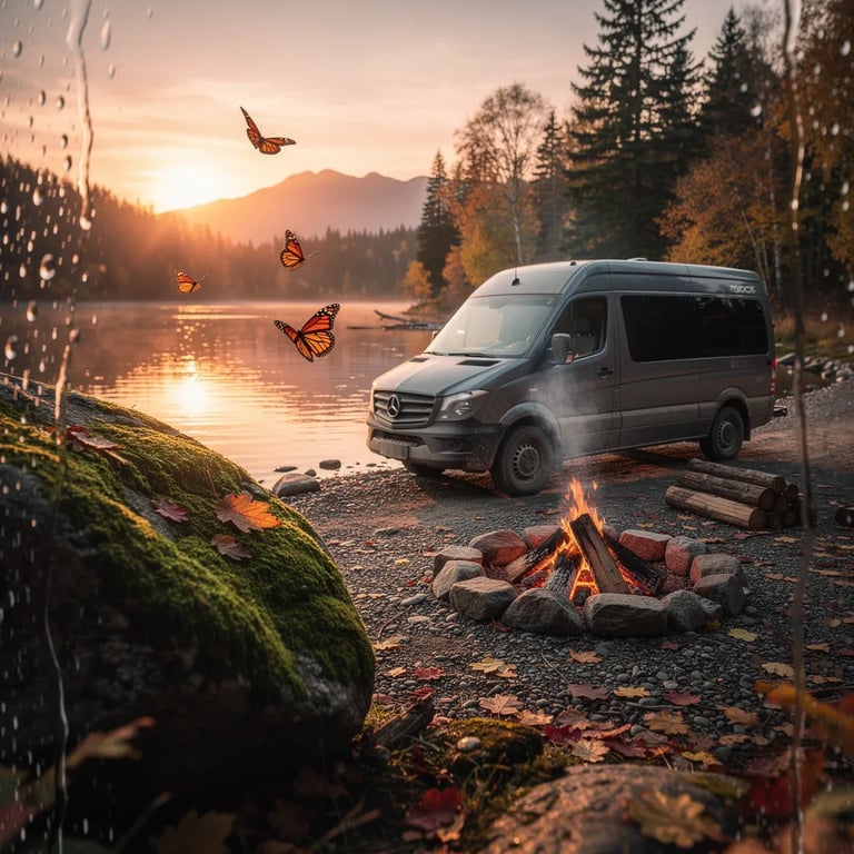 A calm lake glows at sunset, and the water shines like a mirror. A dark camper van sits near the shore by a small campfire with warm, glowing logs. Fallen autumn leaves and a big mossy boulder cover the rocky ground, while a few butterflies drift through the soft, smoky air. Raindrops on a nearby window make the scene look dreamy and gentle.