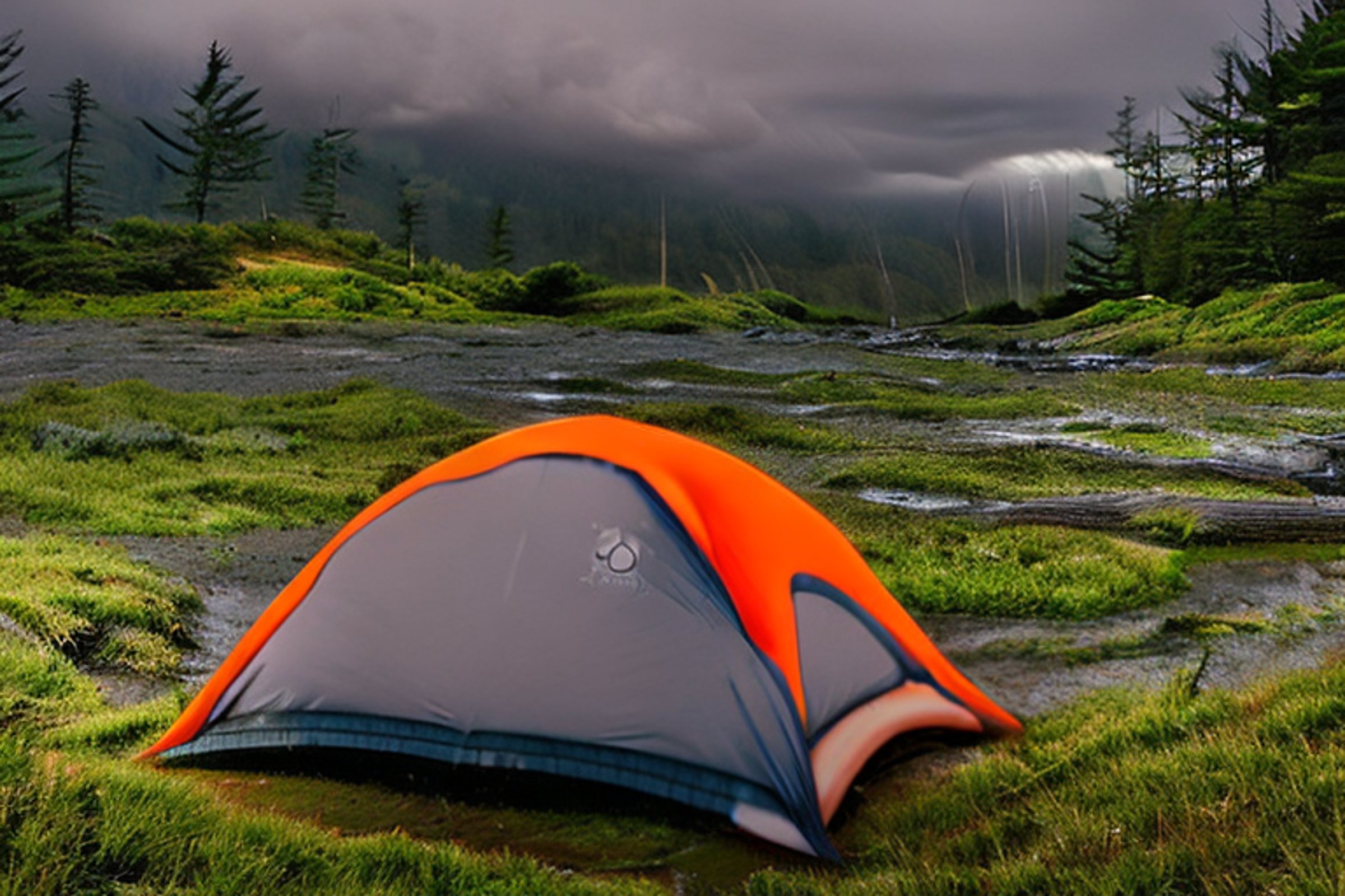 A gray and orange tent rests on a dirt clearing beside a sparkling stream. Ferns cover the ground, while rolling hills and a mountain rise in the misty distance. Stormy sunrise light gives the campsite a wild, peaceful feeling.