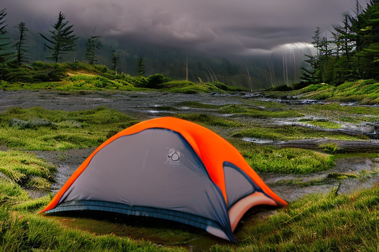 A gray and orange tent rests on a dirt clearing beside a sparkling stream. Ferns cover the ground, while rolling hills and a mountain rise in the misty distance. Stormy sunrise light gives the campsite a wild, peaceful feeling.