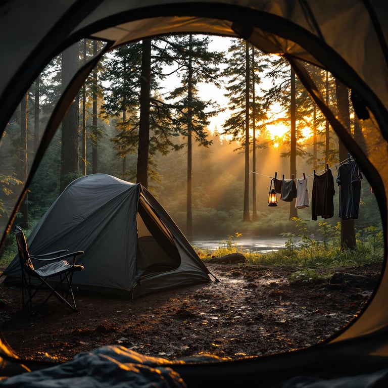 A dark gray tent rests in a quiet, misty forest during golden hour. A lantern glows from a tree, while clothes hang nearby and a camping chair sits on the damp ground. Light rain and soft fog from the river create a peaceful, dreamy mood.