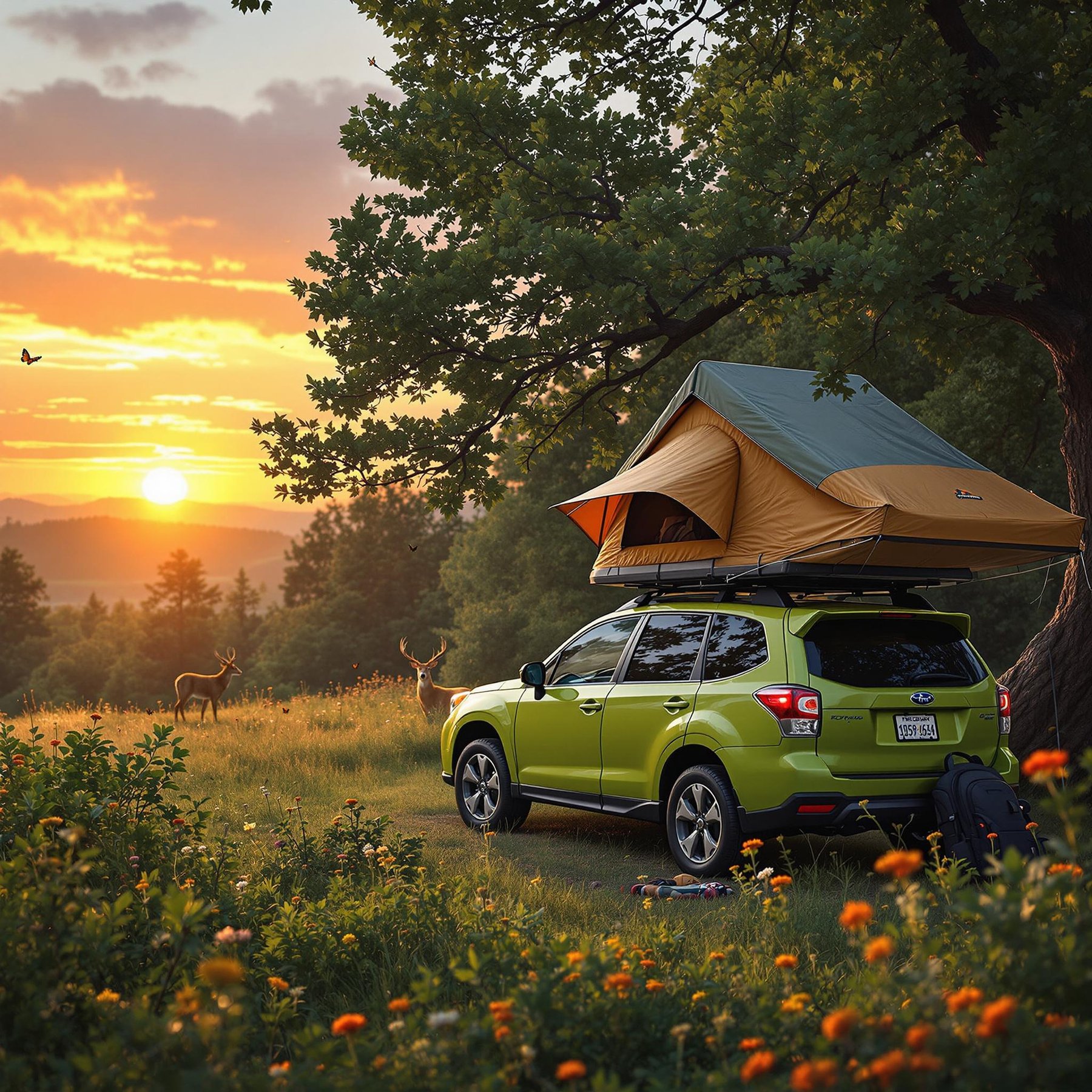 A lime green Subaru rests in a peaceful grove at sunset, with a cozy rooftop tent open above it. Wildflowers, berry bushes, and a backpack surround the camp, while a deer watches from afar. Monarch butterflies drift through the windy golden air.