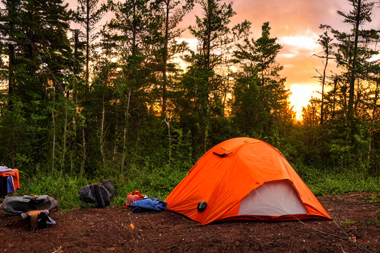 An orange tent glows beside a warm campfire on a dirt clearing in North Shore, Minnesota. Tall bushes surround the campsite as storm clouds gather over the sunset. A person with a flashlight stands nearby, while clothes hang on a line and a wooden guitar rests on the ground.