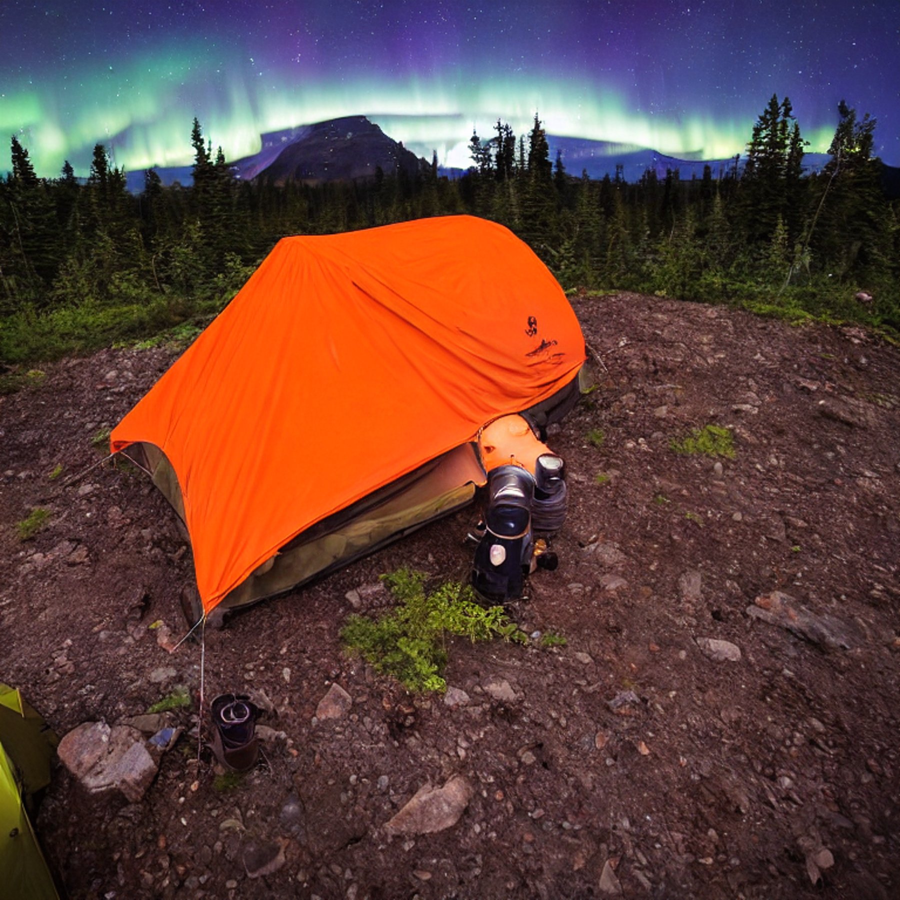 An orange tent rests on a quiet mountain campsite beneath glowing green auroras. Bushes surround the dirt clearing, with a backpack and a large log near the campfire. In the distance, a person’s flashlight shines through the cloudy night.