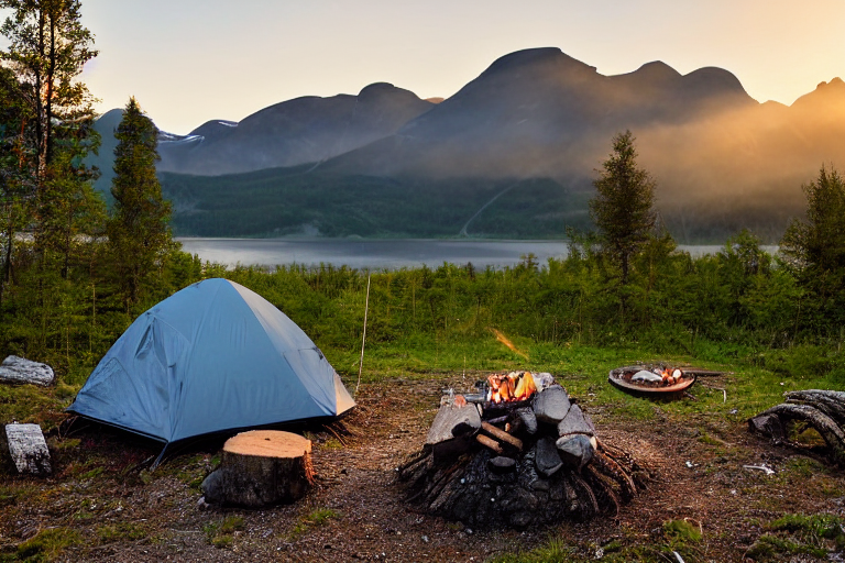 A cozy tent rests in a rocky clearing in the misty Norwegian woods. A small campfire glows among a ring of stones, with logs and a backpack nearby. Soft golden light shines through the fog, creating a calm, peaceful mood.