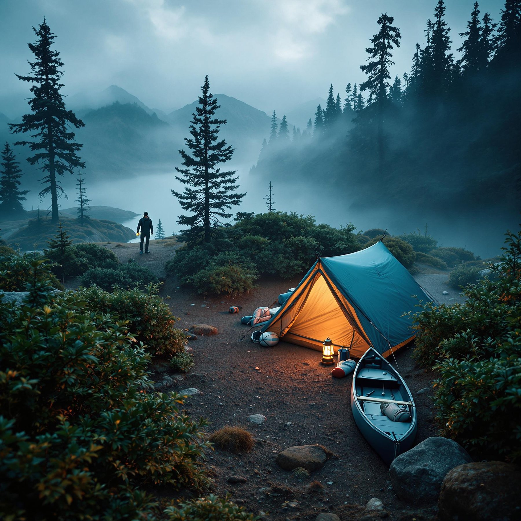 Nestled among tall pine trees, this cozy campsite glows warmly in the misty evening. A canoe rests nearby, ready for an adventure on the calm, fog-covered lake. It's a magical spot for exploring and dreaming under the stars.