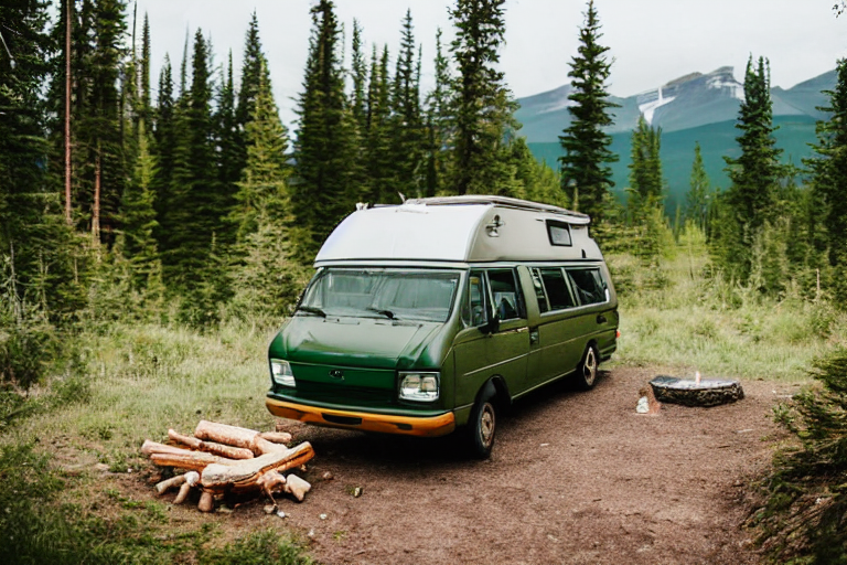A green and tan camper van rests in a peaceful Banff forest campsite. Tall trees surround a dirt clearing with a campfire, a large log, and a backpack nearby. Cloudy skies add a cool, quiet feeling to the scene.