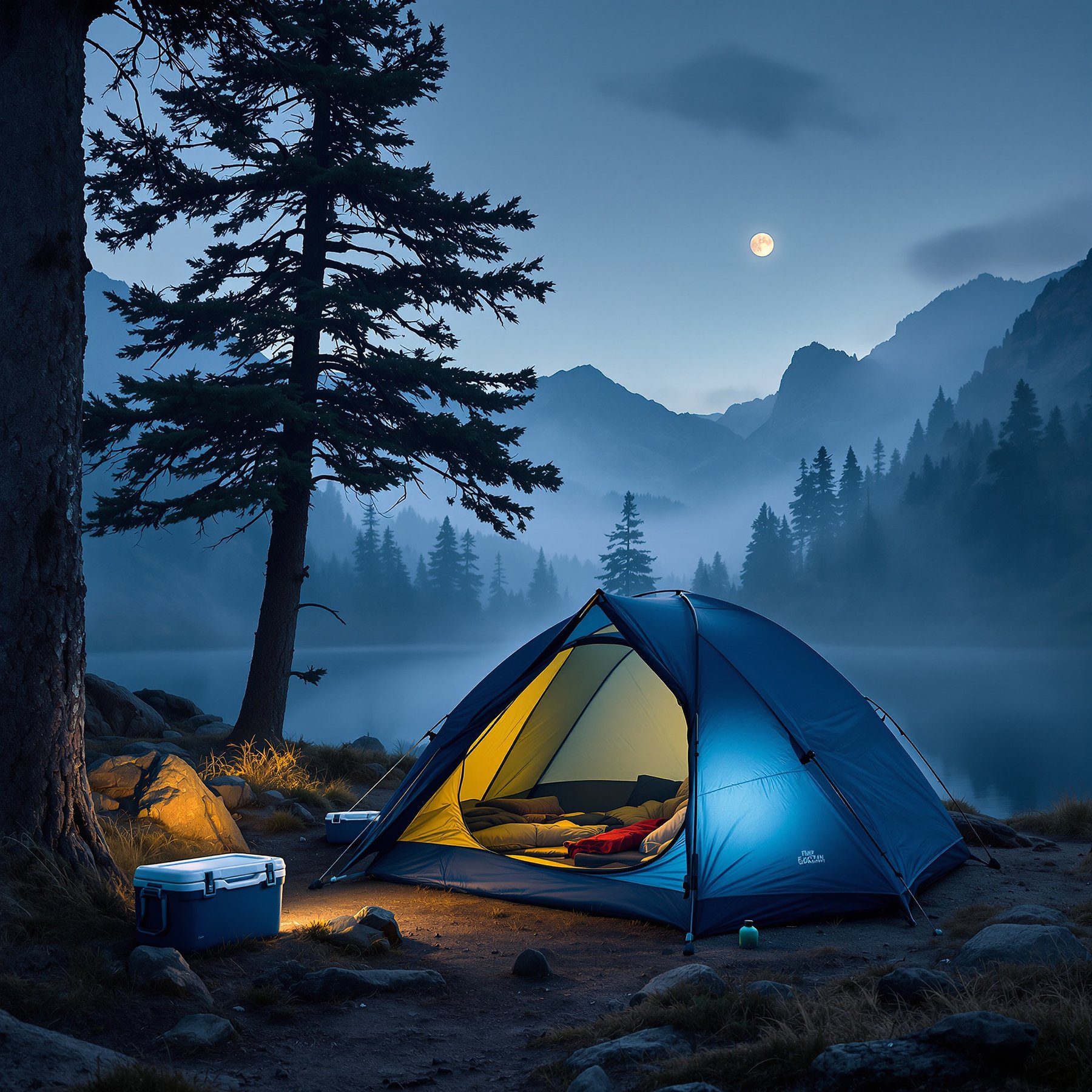 A cozy tent glows by a calm lake, surrounded by tall pine trees and misty mountains. The full moon lights up the night sky, making it feel peaceful and magical. It's the perfect spot for a nighttime adventure in nature.