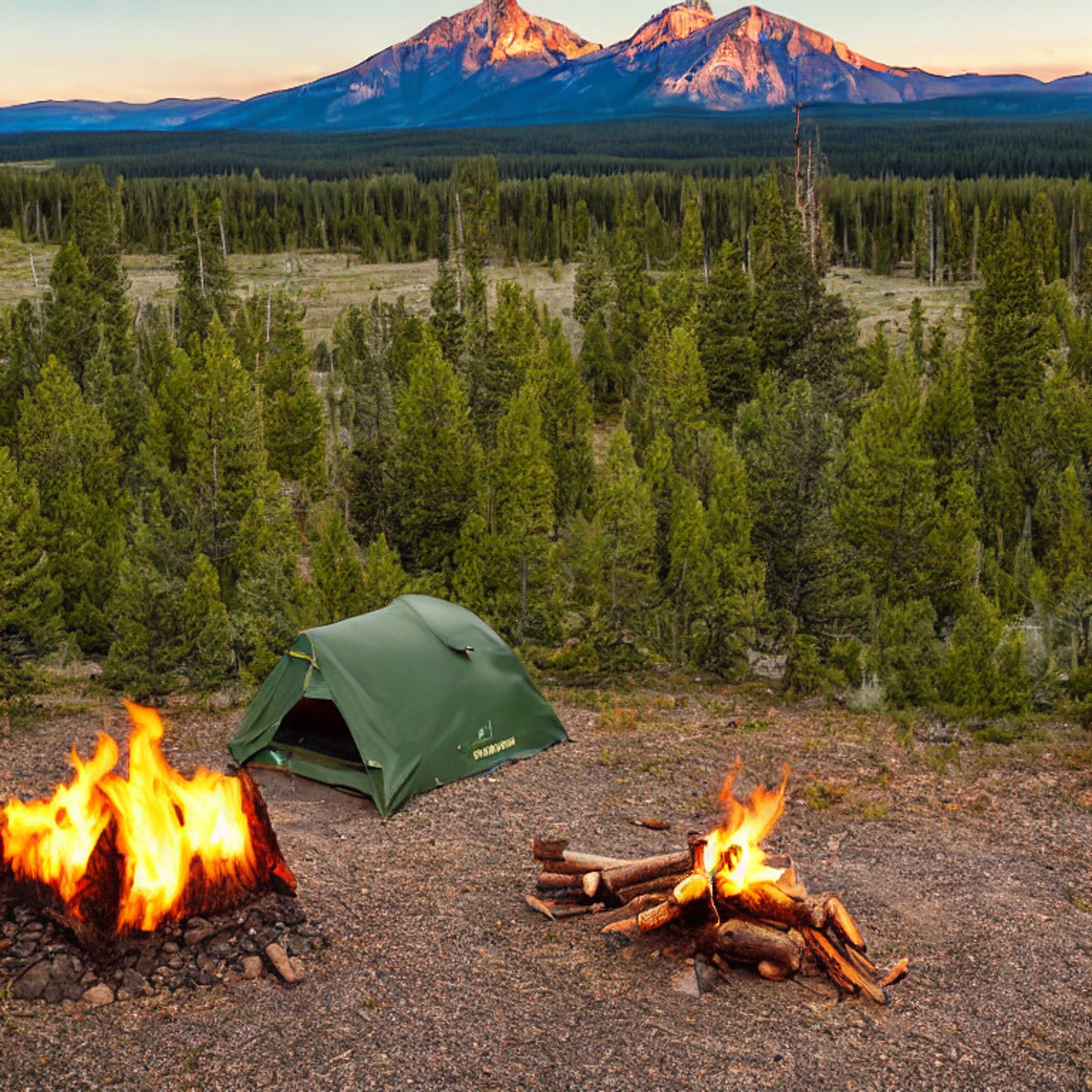 A green tent rests on a dirt clearing in Yellowstone, beside a warm campfire and a large wooden log. Misty mountains rise in the background as the sun sets, creating a peaceful, cozy mood.