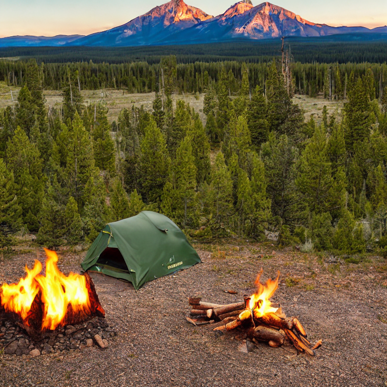 A green tent rests on a dirt clearing in Yellowstone, beside a warm campfire and a large wooden log. Misty mountains rise in the background as the sun sets, creating a peaceful, cozy mood.