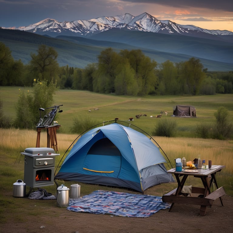 A blue and gray tent sits on a mountain overlook beneath a sky full of shooting stars. A deer watches from the distance while clothes sway on a line and a small stove rests on a picnic table. Hail falls softly as a hummingbird hovers near a bright flower.
