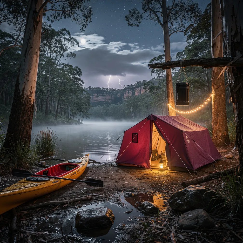 A quiet lakeside camp sits in a misty eucalyptus forest after the storm. A plum bell tent glows warmly, with soft string lights hanging between the trees. A kayak rests on the wet shore, and a food canister hangs high from a strong branch. Above, stars peek through dark clouds as distant lightning flickers on the horizon.