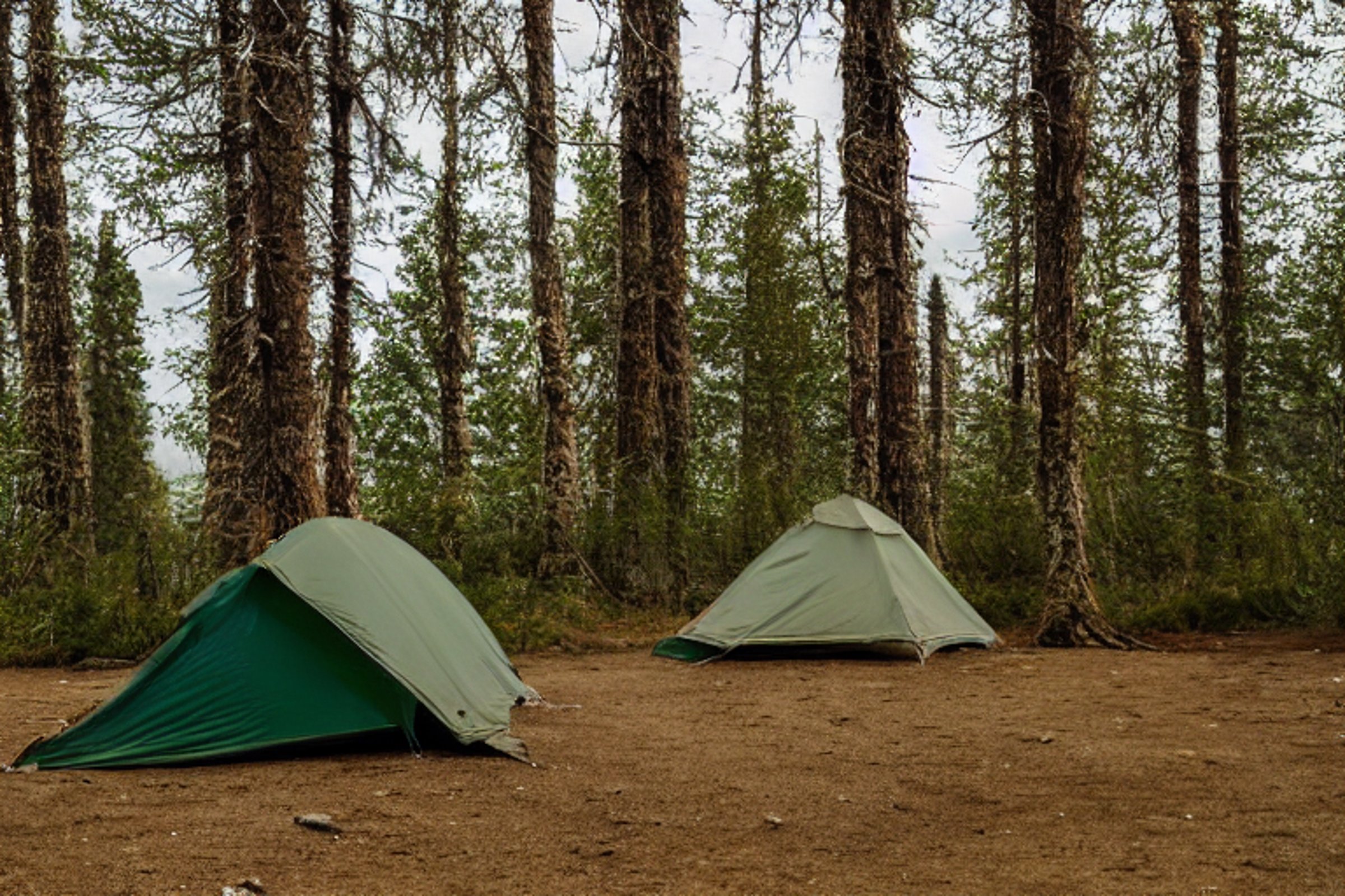 A forest-green tent rests on a quiet dirt clearing beneath glowing northern lights. Tall, mossy trees and ferns surround the campsite, with stone patches and a wooden guitar nearby.