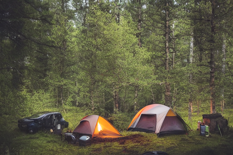 A black Subaru with a rooftop tent rests in a sunny forest camp in Norway. Moss-covered trees surround a small stream and a warm campfire with logs. Camping gear sits nearby on the dirt, glowing in the golden evening light.