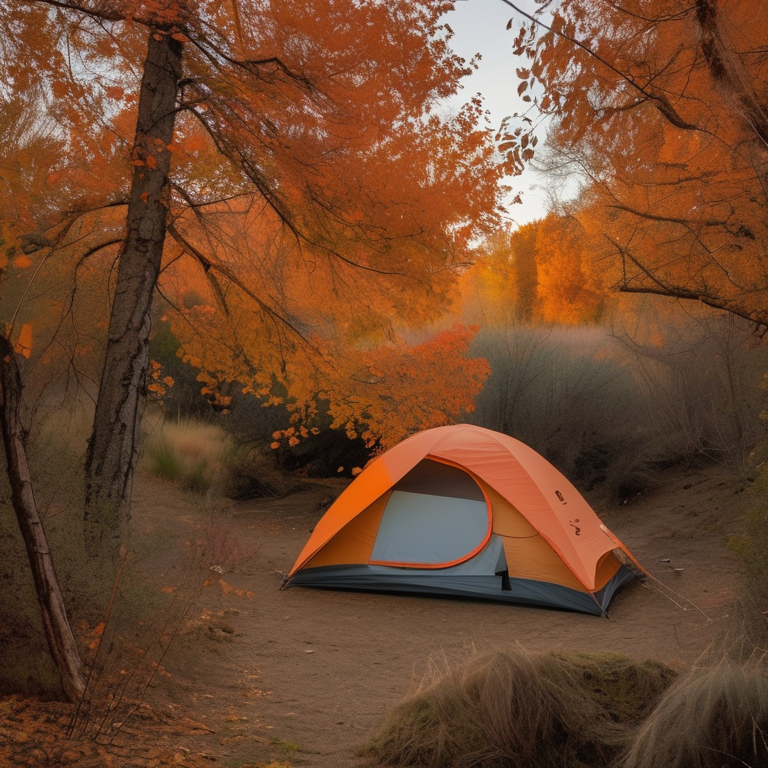 A gray and orange tent rests on a sunny dirt campsite beside a peaceful creek. Tall grasses, thick bushes, and colorful fall trees surround the camp. A box of camping gear sits nearby as the morning sun warms the scene.