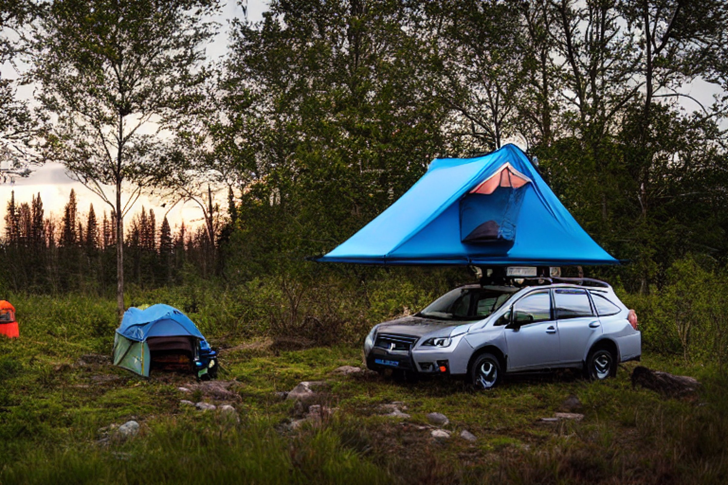 A cozy Subaru campsite rests beside a quiet creek under glowing northern lights. Fog drifts through the bushes, while a rooftop tent, picnic table, and lantern make the night feel warm and inviting. A distant camper shines a flashlight through the mist.