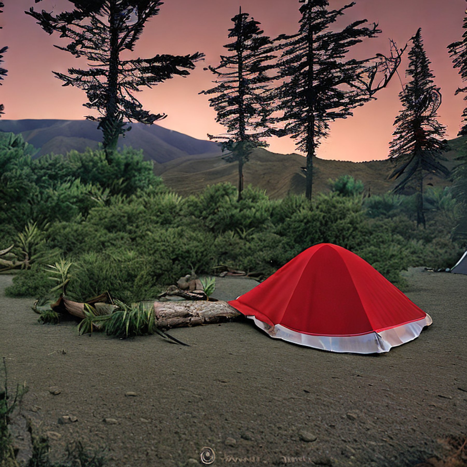 A red and white tent rests on a rough mountain campsite beneath a clear, starry sky. Bushes surround the dirt clearing, while a warm campfire glows beside a large wooden log.