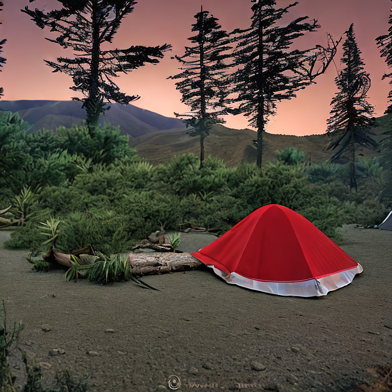 A red and white tent rests on a rough mountain campsite beneath a clear, starry sky. Bushes surround the dirt clearing, while a warm campfire glows beside a large wooden log.