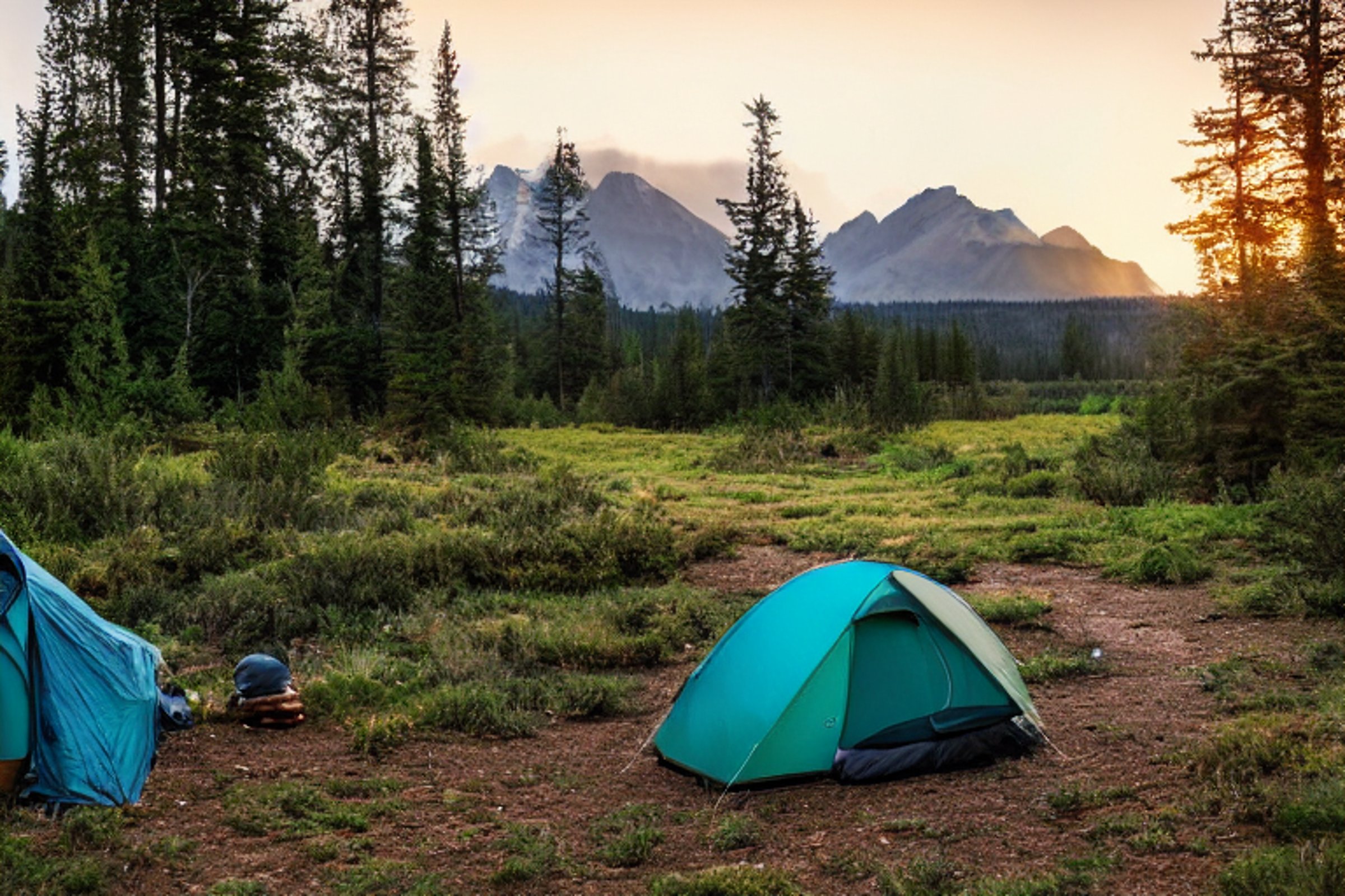 A teal tent rests on a quiet dirt campsite beside a gentle river. A hiking path leads past a backpack and glowing lantern, while tall mountains rise in the distance under golden, cloudy skies.