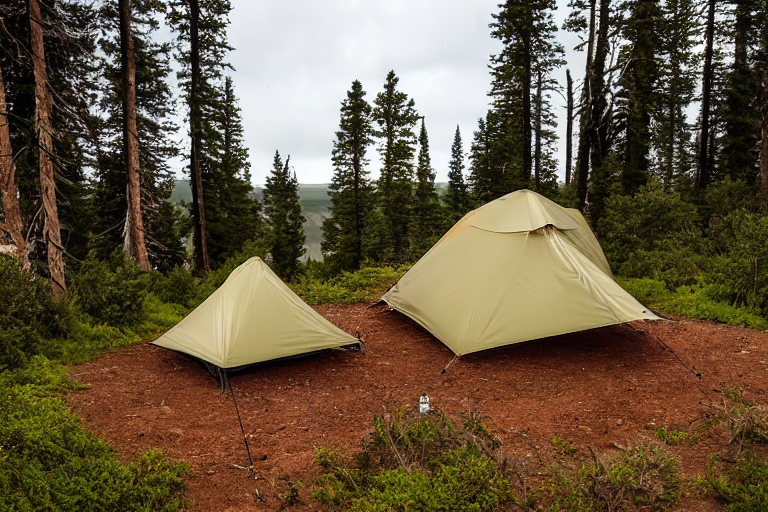A cozy tan tent rests on a rocky clearing in Capitol Reef National Park. A small campfire glows beside a large log, while mossy trees and ferns fill the area. In the distance, deer wander beneath the cloudy sunrise.