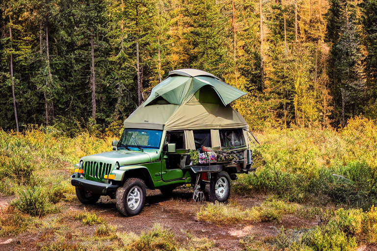 A forest green Jeep with an open rooftop tent rests on a quiet dirt campsite. Ferns, berry bushes, and bright fall trees surround the camp as stormy sunset clouds fill the sky. A box of camping gear sits nearby.