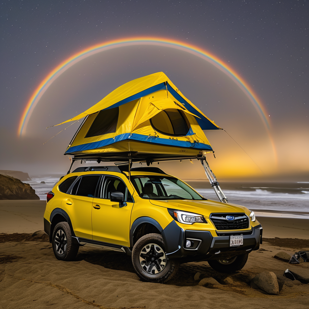 A bright yellow Subaru sits by the foggy beach at night, with its rooftop tent open to the star-filled sky. A wooden guitar rests among stones near a large rock, creating a peaceful seaside campsite.