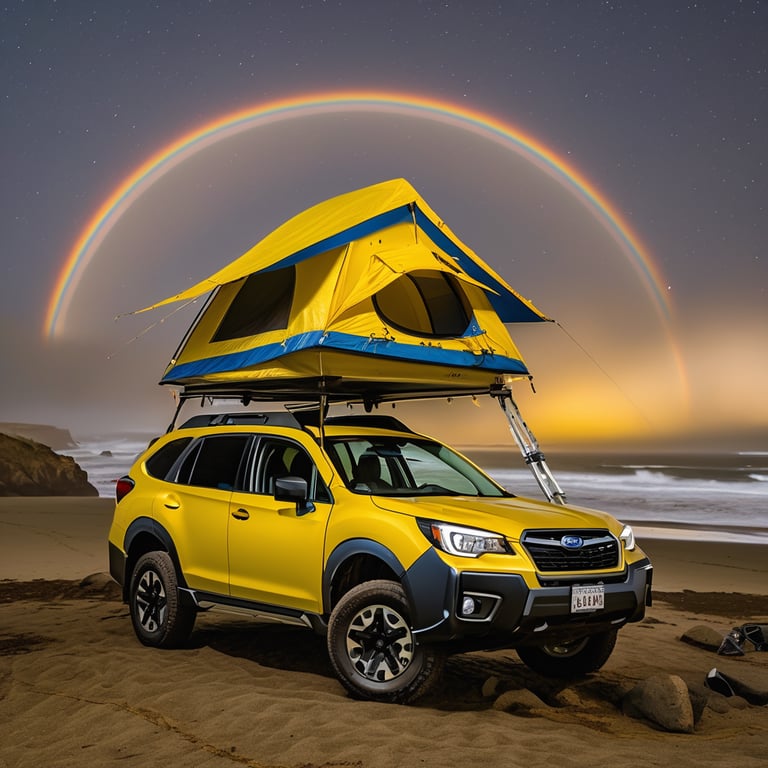 A bright yellow Subaru sits by the foggy beach at night, with its rooftop tent open to the star-filled sky. A wooden guitar rests among stones near a large rock, creating a peaceful seaside campsite.