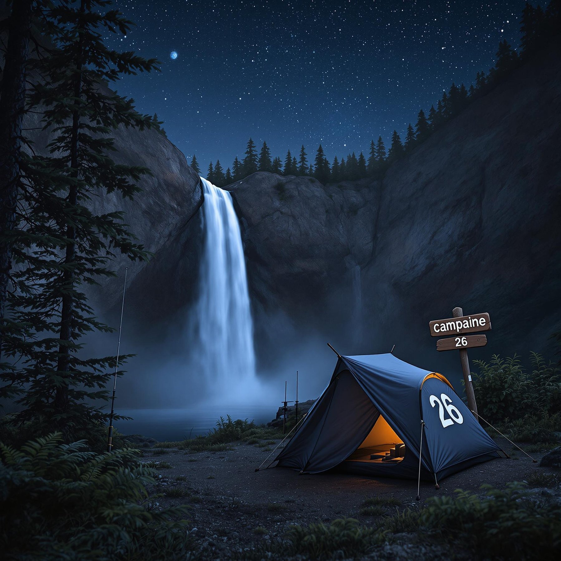 Nestled under a twinkling starry sky, this cozy campsite sits beside a majestic waterfall that glows in the moonlight. The gentle rush of water and the soft rustle of trees create a peaceful, magical atmosphere. It's the perfect spot for adventure and dreams.