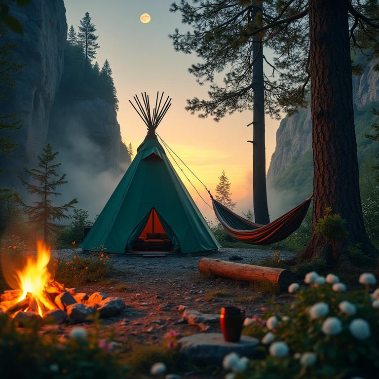 A green tepee rests in a rocky gorge as sunset colors glow above the trees. Wildflowers brighten the ground, while a campfire warms a mug on a nearby log. A hammock hangs between the trees, with the moon shining through the snowy sky.