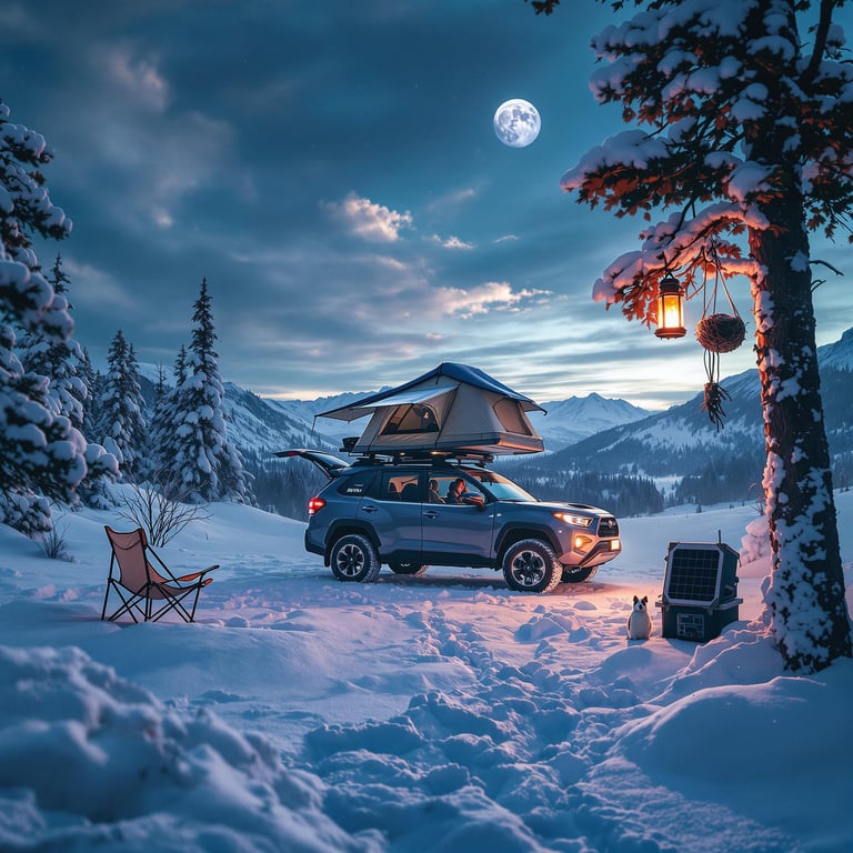 In a snowy wonderland under the bright moon, a cozy campsite awaits with a tent perched atop a sturdy SUV. A glowing lantern hangs gently from a snow-covered tree, and soft snow blankets the ground. It's a magical winter evening, perfect for adventure and stargazing.